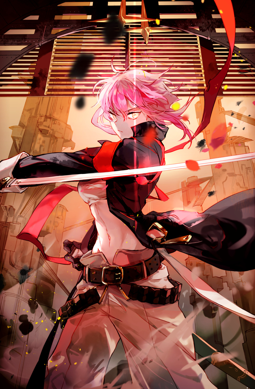 1girl alchemy_stars armband bangs belt black_jacket commentary_request highres hiiro_(alchemy_stars) holding holding_sheath holding_sword holding_weapon jacket looking_at_viewer navel pants pink_hair sakuramochi1003 sarashi sheath short_hair solo standing sword tower weapon white_pants wind
