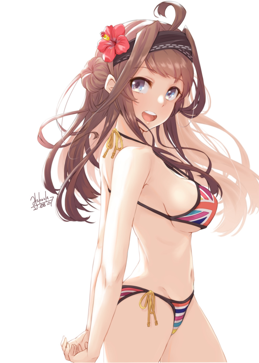 1girl :d ahoge alakoala alternate_costume arms_behind_back artist_name bare_arms bare_legs bare_shoulders bikini blue_eyes breasts brown_hair commentary_request cowboy_shot dated double_bun flag_print flower from_side groin hair_flower hair_ornament hairband halter_top halterneck hibiscus highres kantai_collection kongou_(kancolle) large_breasts long_hair looking_at_viewer navel open_mouth print_bikini red_flower side-tie_bikini signature simple_background smile solo string_bikini striped striped_bikini swimsuit union_jack union_jack_bikini upper_teeth violet_eyes white_background
