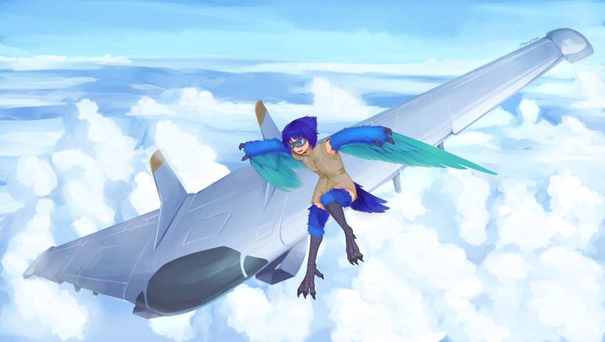 1girl :d above_clouds absurdres aircraft airplane barefoot bird_tail blue-tinted_eyewear blue_hair claws clouds commentary commission english_commentary fewer_digits flying goggles grey_jacket harpy highres jacket monster_girl open_mouth original short_hair smile solo spread_wings tail talons tinted_eyewear yoako