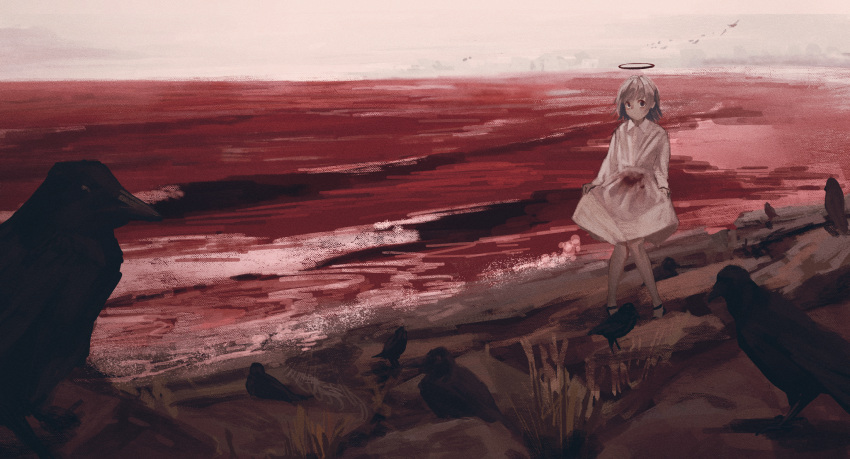 1girl bare_legs bird black_bird black_footwear blood bloody_clothes commentary crow dark_halo daruma_karei dress english_commentary full_body grey_sky halo highres horizon knees_together_feet_apart light_brown_hair looking_at_viewer original red_ocean shore short_hair skirt_hold solo standing white_dress
