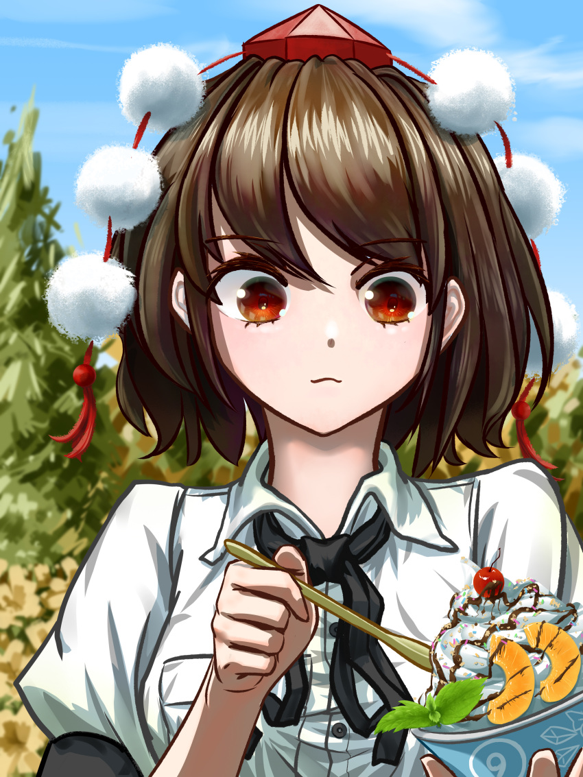 1girl absurdres bangs black_bow black_neckwear blue_sky bow bowtie breasts brown_hair cherry closed_mouth clouds cloudy_sky collar eyebrows_visible_through_hair fasnakegod food fruit hair_between_eyes hands_up hat highres ice_cream leaf looking_down looking_to_the_side medium_breasts orange_(food) pocket pom_pom_(clothes) puffy_short_sleeves puffy_sleeves red_eyes red_headwear shameimaru_aya shirt short_hair short_sleeves sky smile solo tokin_hat touhou tree white_shirt