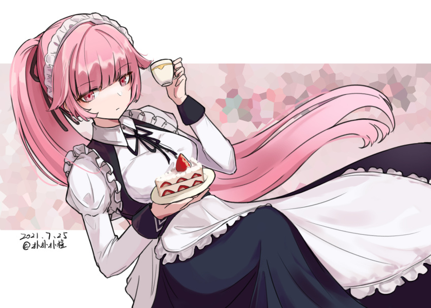 1girl apron breasts cake cake_slice cup dress expressionless food frills girls_frontline hair_flaps highres long_dress long_hair long_sleeves maid maid_apron maid_headdress medium_breasts ntw-20_(girls_frontline) official_alternate_costume pink_eyes pink_hair ponytail puffy_long_sleeves puffy_sleeves sakatakin solo teacup very_long_hair