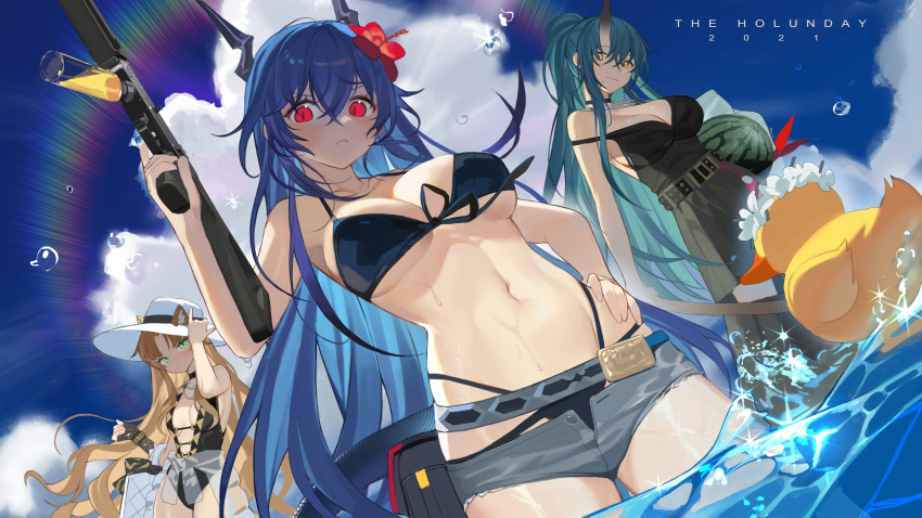 2021 3girls absurdres arknights bahao_diqiu bangs bare_shoulders bikini black_bikini black_dress black_swimsuit blonde_hair blue_hair blue_sky blush breasts ch'en_(arknights) ch'en_the_holungday_(arknights) clouds commentary cowboy_shot day dragon_horns dress flower food front-tie_bikini front-tie_top fruit green_eyes green_hair grey_shorts gun hair_between_eyes hair_flower hair_ornament hand_on_hip hand_up hat highres holding holding_gun holding_weapon horns hoshiguma_(arknights) large_breasts long_hair looking_at_viewer micro_shorts multiple_girls navel one-piece_swimsuit open_fly red_eyes red_flower shorts single_horn sky standing stomach strap_slip sun_hat swimsuit swire_(arknights) thighs very_long_hair wading water watermelon weapon white_headwear