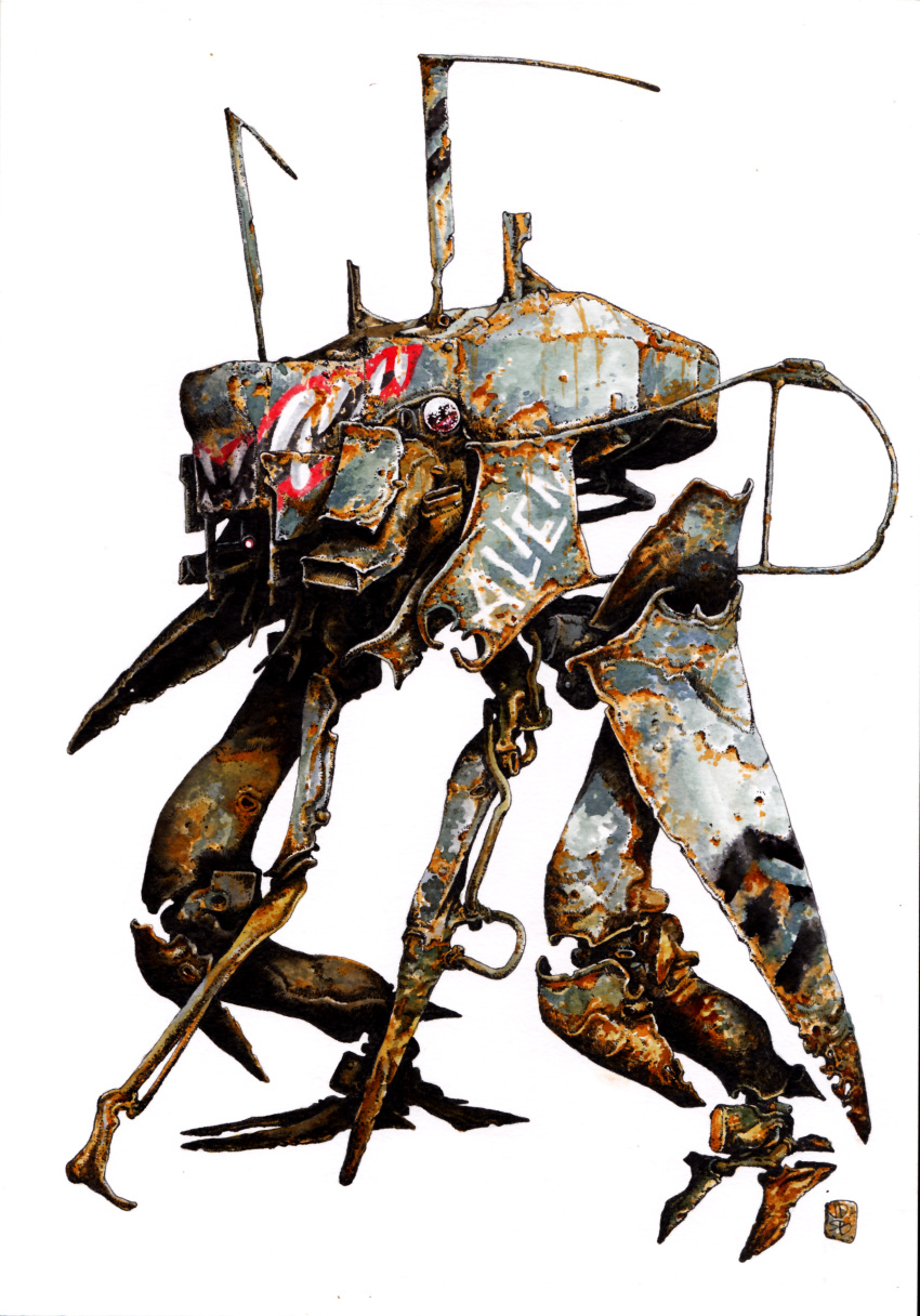 absurdres damaged highres jan_buragay mecha no_humans original rust science_fiction simple_background solo standing walker white_background