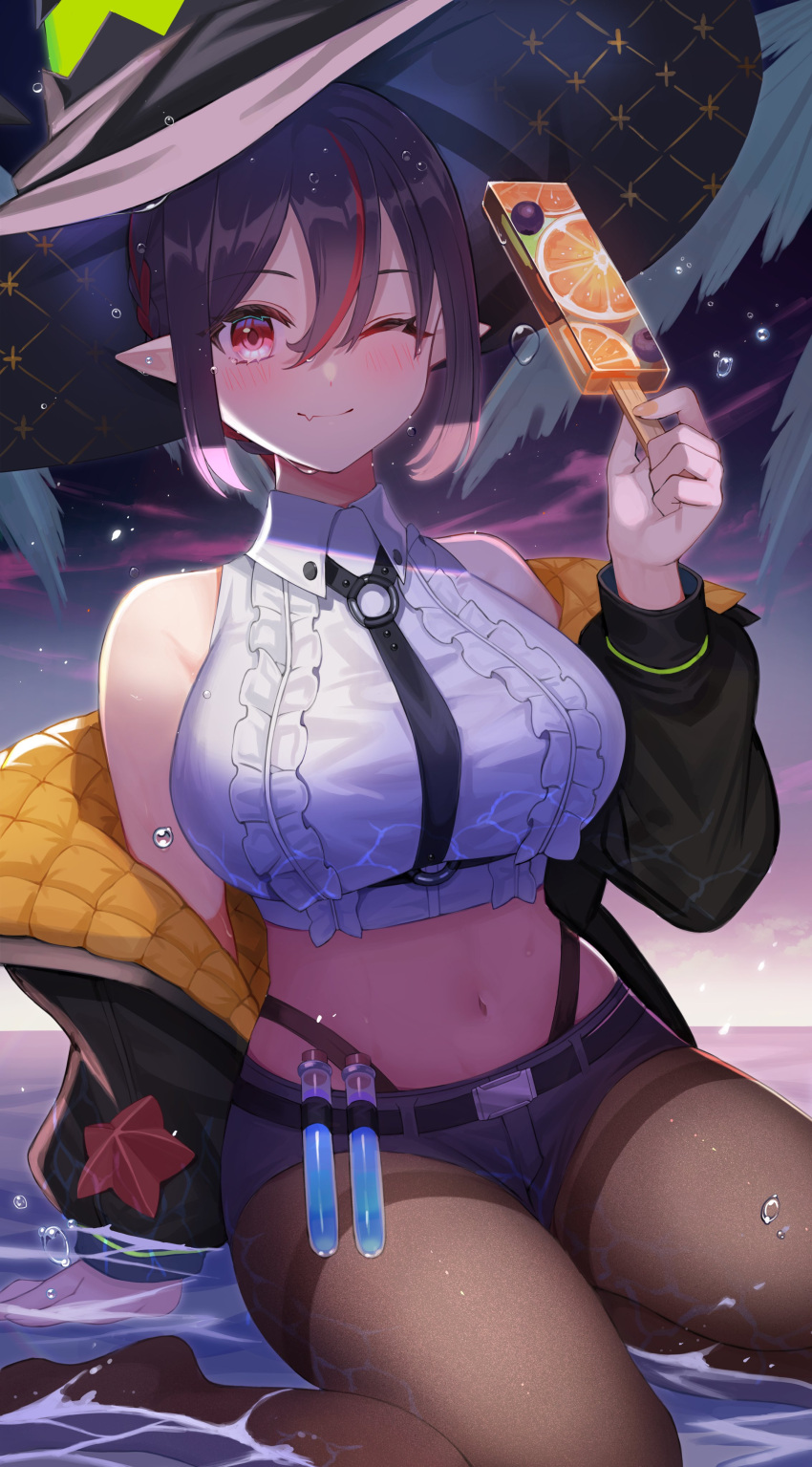 1girl ;) absurdres amahara_subaru arm_support bangs bare_shoulders black_hair black_headwear black_jacket blush breasts brown_legwear chest_harness crop_top eyebrows_visible_through_hair fang fang_out food hand_up harness hat highres holding holding_food indie_virtual_youtuber isonade_orca jacket large_breasts long_sleeves looking_at_viewer midriff multicolored_hair navel no_shoes off_shoulder one_eye_closed open_clothes open_jacket outdoors palm_leaf pantyhose pointy_ears popsicle puffy_long_sleeves puffy_sleeves red_eyes redhead shirt short_hair short_shorts shorts sidelocks sitting skin_fang smile solo streaked_hair test_tube thighband_pantyhose water wet wet_hair white_shirt witch_hat