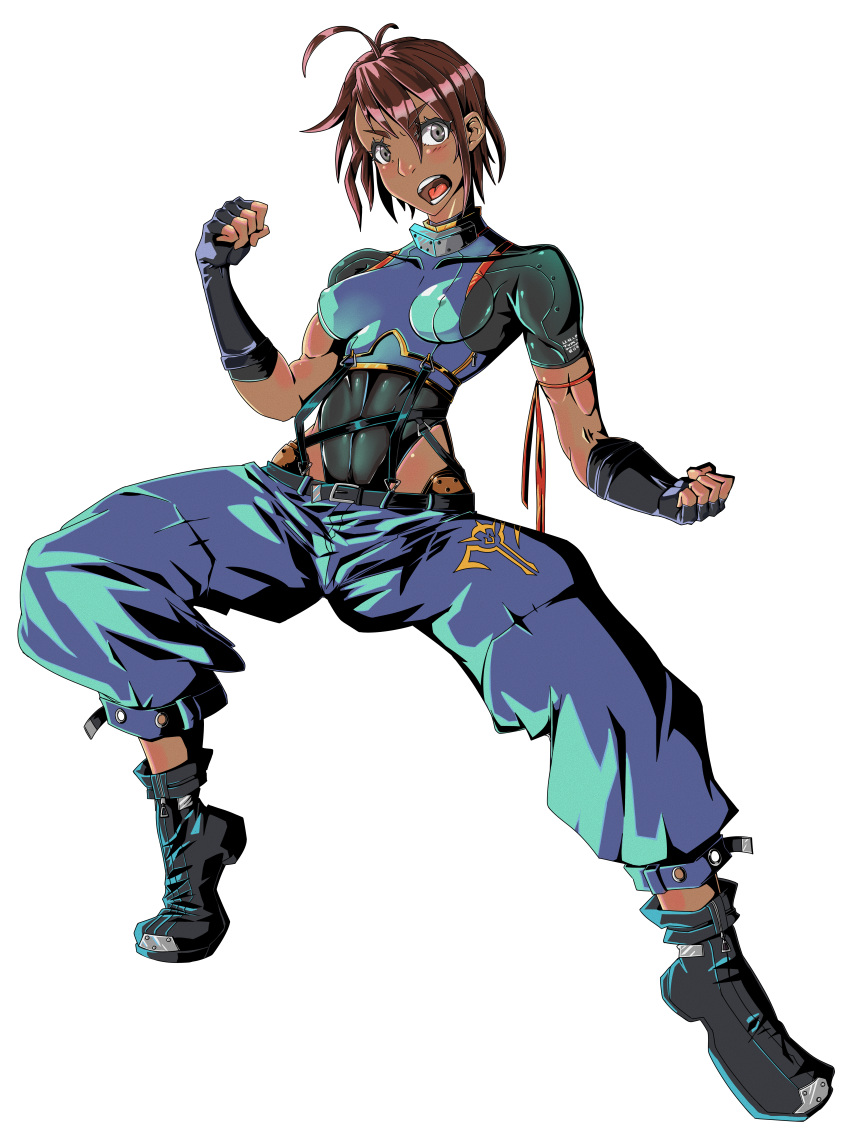 abs absurdres blue_eyes bodysuit boots brown_hair colored_eyelashes dark_skin fighting_stance full full_body gloves grey_eyes highres huge_filesize no nxtdef original ribbon shiny shiny_skin short_hair skin_tight sleeveless