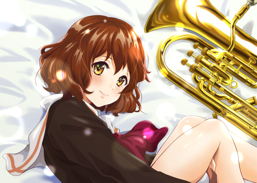 1girl absurdres bangs blue_sailor_collar blush brown_eyes brown_hair brown_shirt closed_mouth euphonium hibike!_euphonium highres instrument kitauji_high_school_uniform kurumiyasan_ns long_sleeves lying neckerchief on_side oumae_kumiko red_neckwear sailor_collar school_uniform serafuku shirt short_hair smile solo white_sailor_collar