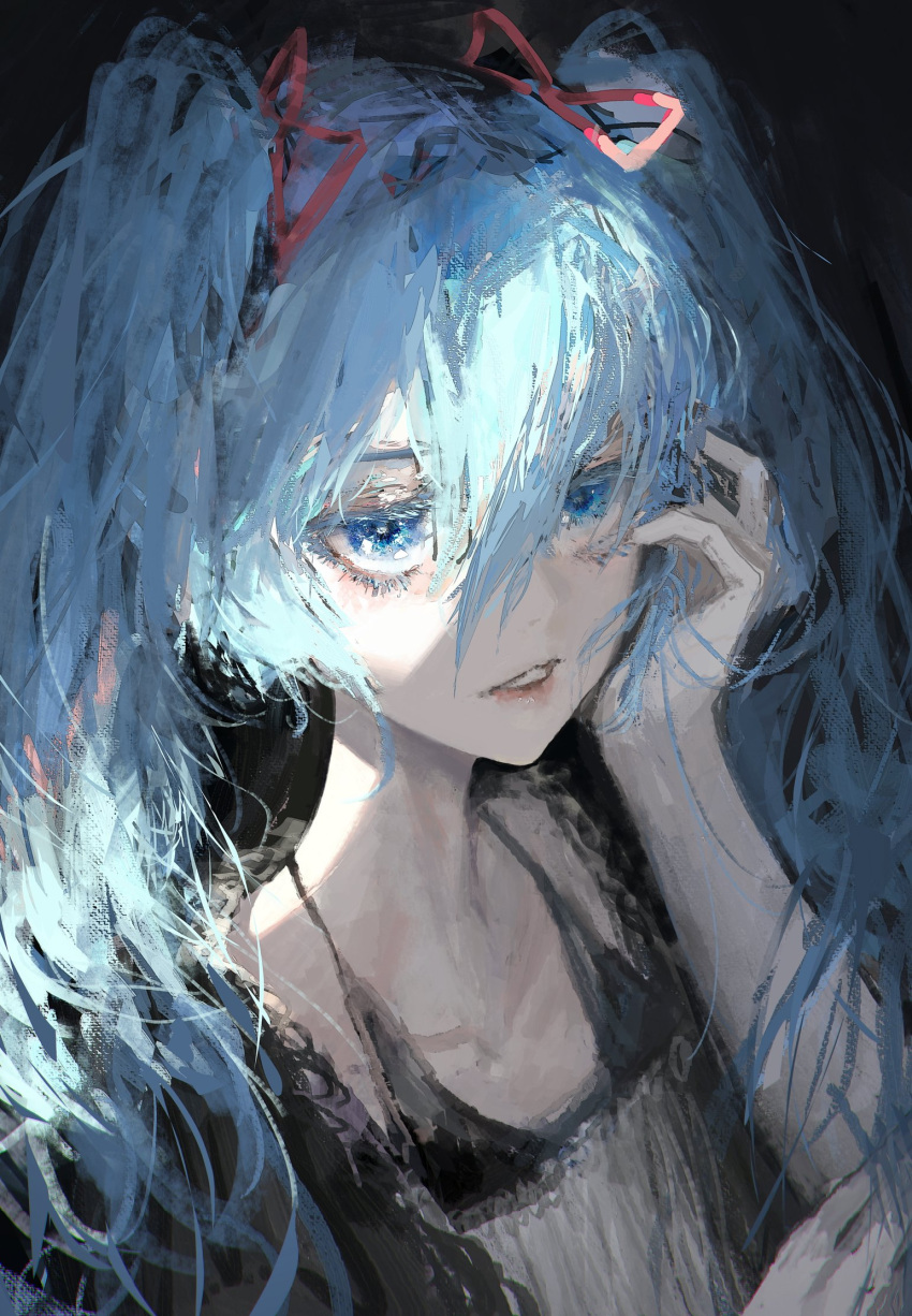 1girl aqua_hair black_background black_dress blue_eyes close-up commentary dress eye_focus eyes hair_between_eyes hair_over_shoulder half-closed_eyes hand_up hatsune_miku highres lips looking_at_viewer messy_hair painterly parted_lips portrait rsef solo twintails upper_body vocaloid