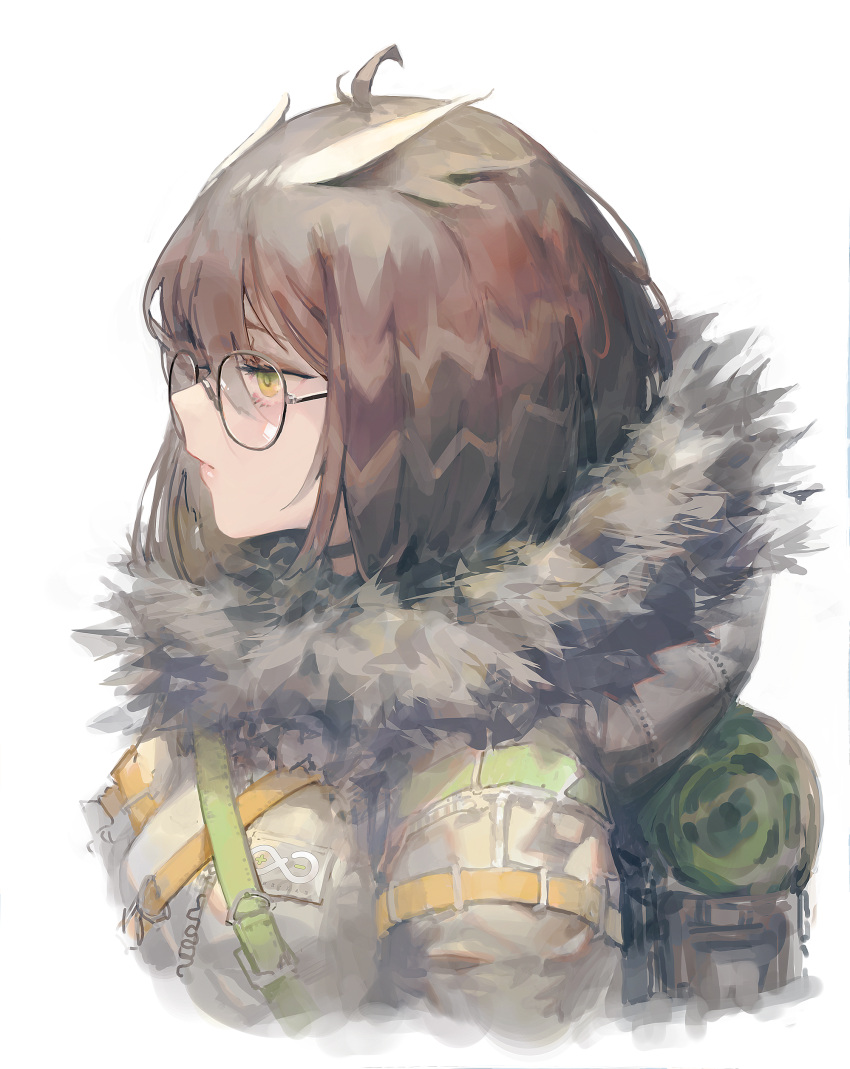 1girl absurdres ahoge arknights backpack bag bangs brown_hair closed_mouth feather_hair from_side fur fur_collar fur_trim glasses green_eyes hair_between_eyes highres jacket lips looking_away rsef short_hair silence_(arknights) simple_background solo strap upper_body white_background