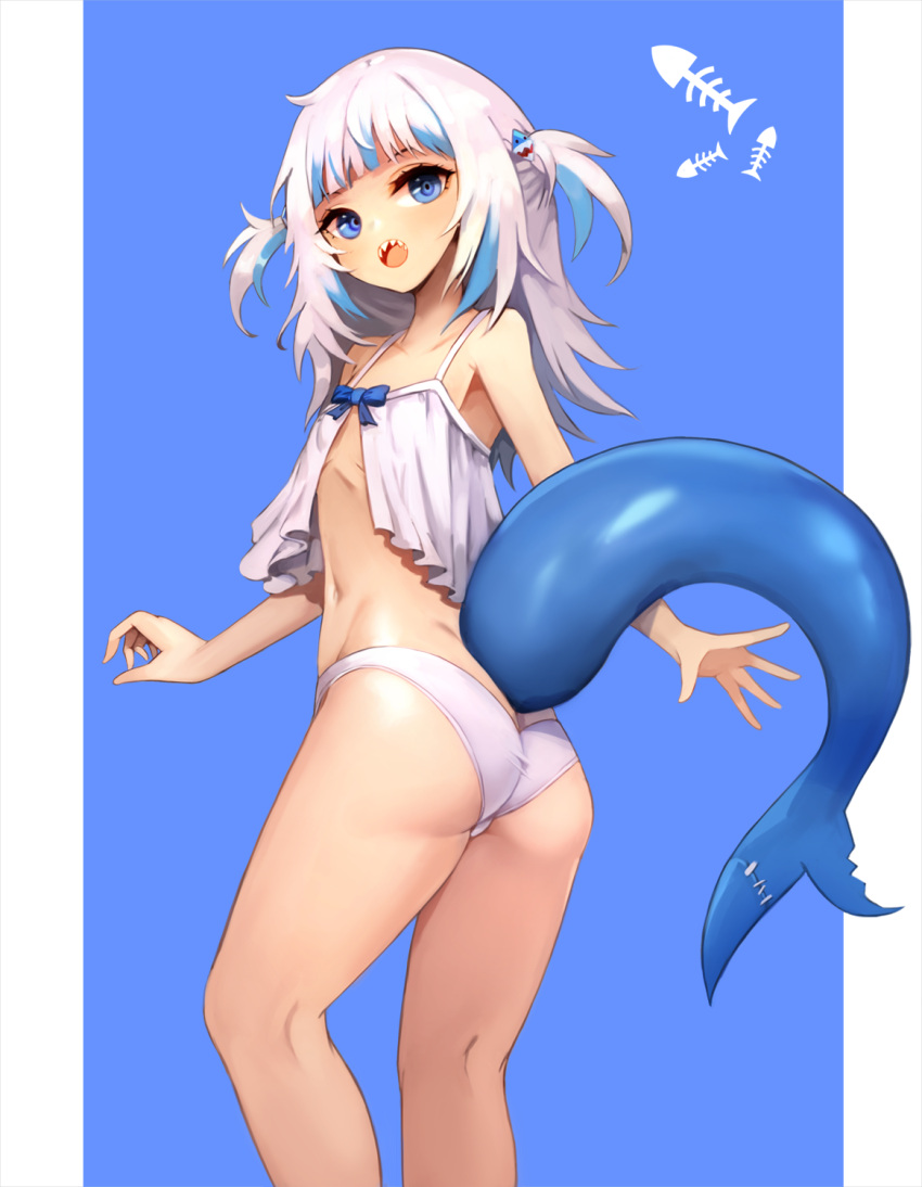 1girl ass bangs bare_shoulders blue_bow blue_eyes blue_hair blunt_bangs bow breasts fish_bone fish_tail gawr_gura grey_hair hair_ornament hairclip highres hololive hololive_english long_hair multicolored multicolored_hair navel notte panties shark_tail sharp_teeth simple_background small_breasts solo stitches tail teeth tongue twintails underwear upper_teeth virtual_youtuber white_panties