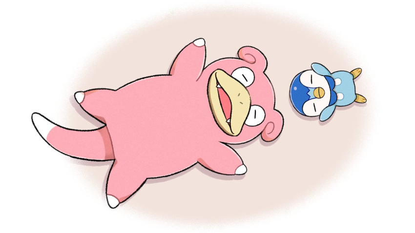 arms_up closed_eyes closed_mouth commentary_request creature full_body gen_1_pokemon gen_4_pokemon lying no_humans official_art on_back piplup pokemon pokemon_(creature) prj_pochama sleeping slowpoke toes