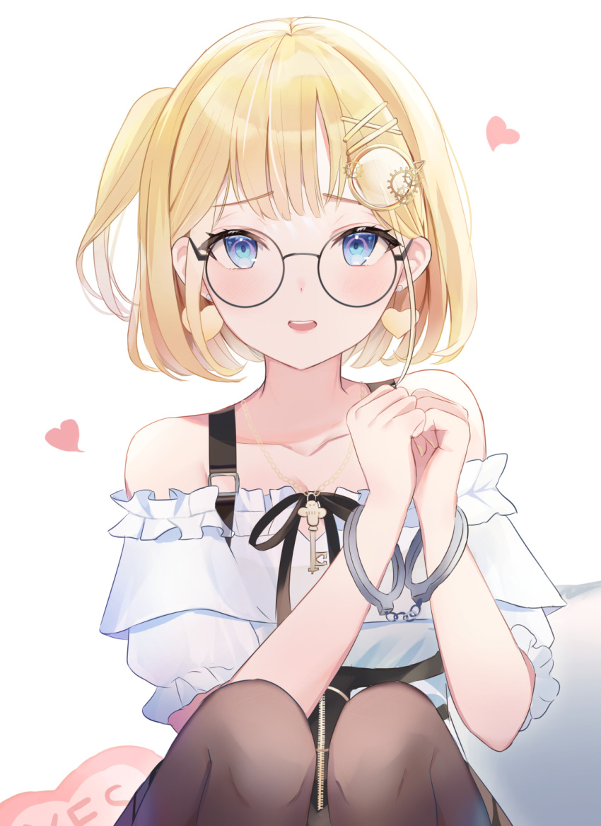 1girl bangs bare_shoulders black-framed_eyewear black_ribbon blonde_hair blue_eyes brown_legwear chain_necklace collarbone commentary cuffs earrings english_commentary eyebrows_visible_through_hair hair_ornament hairclip handcuffs hands_up heart heart_earrings highres hololive hololive_english jewelry key looking_at_viewer monocle_hair_ornament necklace off-shoulder_shirt off_shoulder official_alternate_costume one_side_up open_mouth own_hands_together pantyhose ribbon round_eyewear shiny shiny_hair shirt short_hair short_sleeves sidelocks simple_background sisoha solo virtual_youtuber watson_amelia white_background white_shirt yes-no_pillow zipper