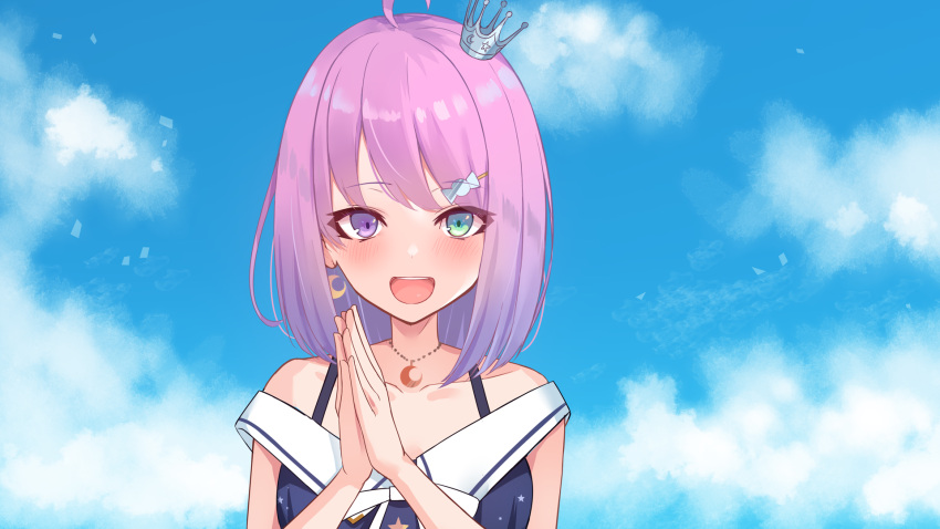 :d ahoge bangs bare_shoulders black_dress blue_sky blush candy_hair_ornament clapping clouds cloudy_sky collarbone crescent crescent_earrings crescent_necklace crown dress earrings eyebrows_visible_through_hair food-themed_hair_ornament green_eyes hair_ornament hairclip hands_together hands_up heterochromia highres himemori_luna hololive jewelry looking_at_viewer mini_crown neon_genesis_evangelion off-shoulder_dress off_shoulder open_mouth own_hands_together parody pink_hair sky smile star_(symbol) tilted_headwear upper_body upper_teeth violet_eyes virtual_youtuber yoshiheihe