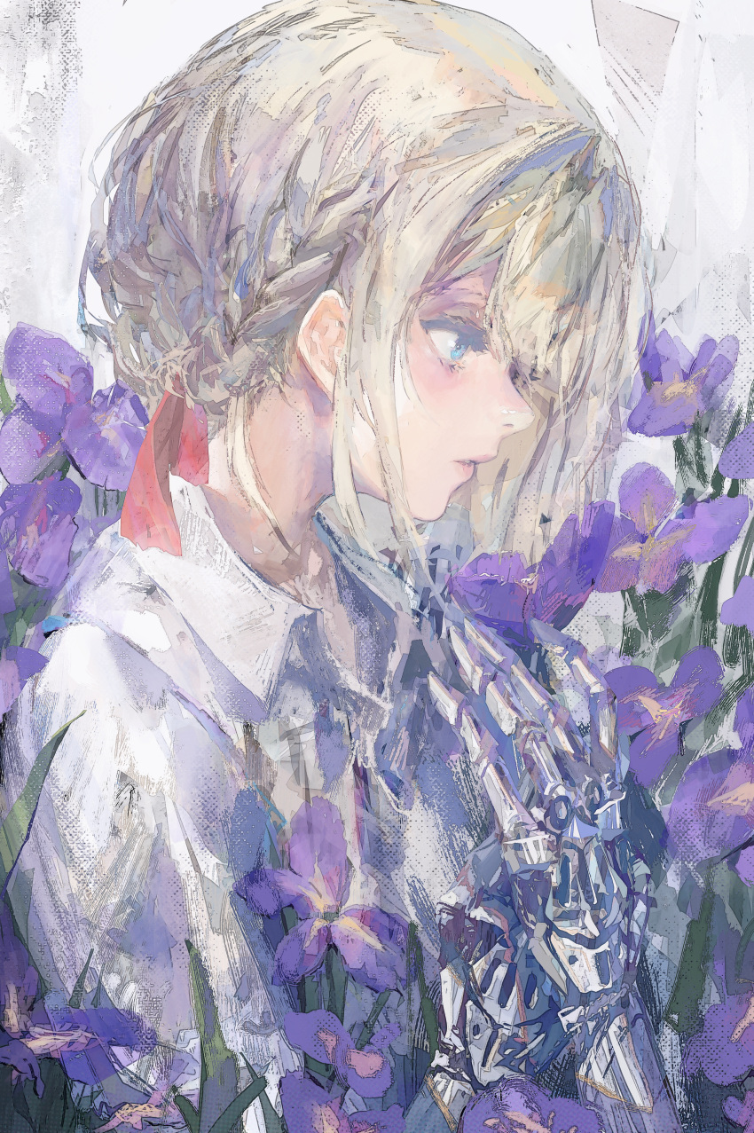 1girl absurdres blonde_hair blue_eyes braid collared_shirt flower from_side hand_up highres huge_filesize mechanical_arms parted_lips profile prosthesis prosthetic_arm purple_flower rsef shirt solo upper_body violet_(flower) violet_evergarden violet_evergarden_(character) white_shirt wing_collar