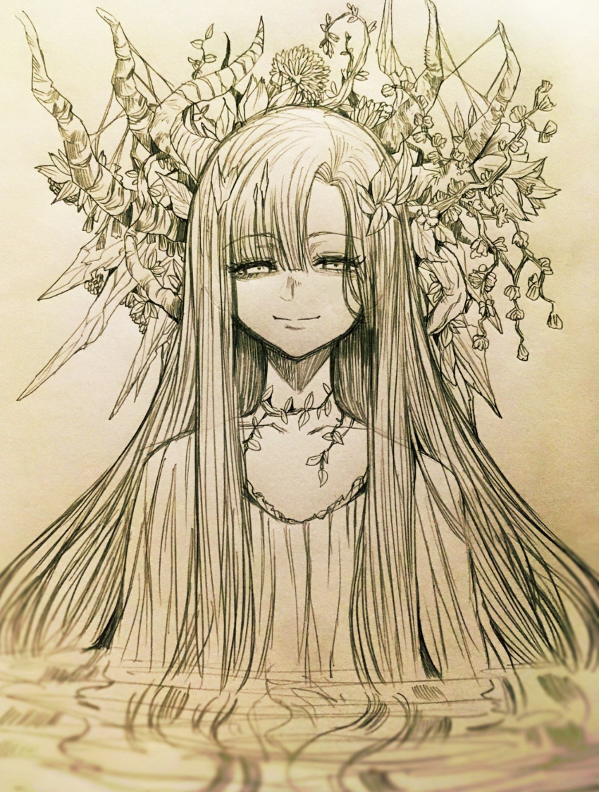 1girl asymmetrical_bangs bangs closed_mouth dress eyebrows_visible_through_hair flower graphite_(medium) greyscale hair_flower hair_ornament half-closed_eyes highres horns hoshi_san_3 long_hair looking_at_viewer monochrome multiple_horns original partially_submerged photo_(medium) scan smile solo traditional_media