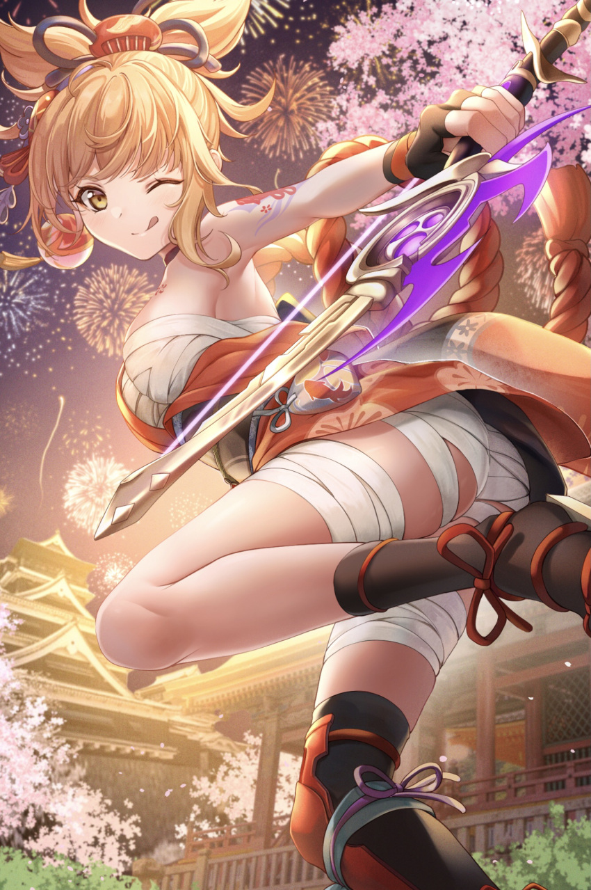 1girl arm_tattoo ass asymmetrical_hair bandages bangs blonde_hair bow_(weapon) breast_tattoo breasts building cherry_blossoms feet_out_of_frame fingerless_gloves fireworks from_side genshin_impact gloves highres holding holding_bow_(weapon) holding_weapon japanese_clothes looking_at_viewer medium_breasts noan one_eye_closed sarashi solo tattoo temple tongue tongue_out weapon yoimiya_(genshin_impact)
