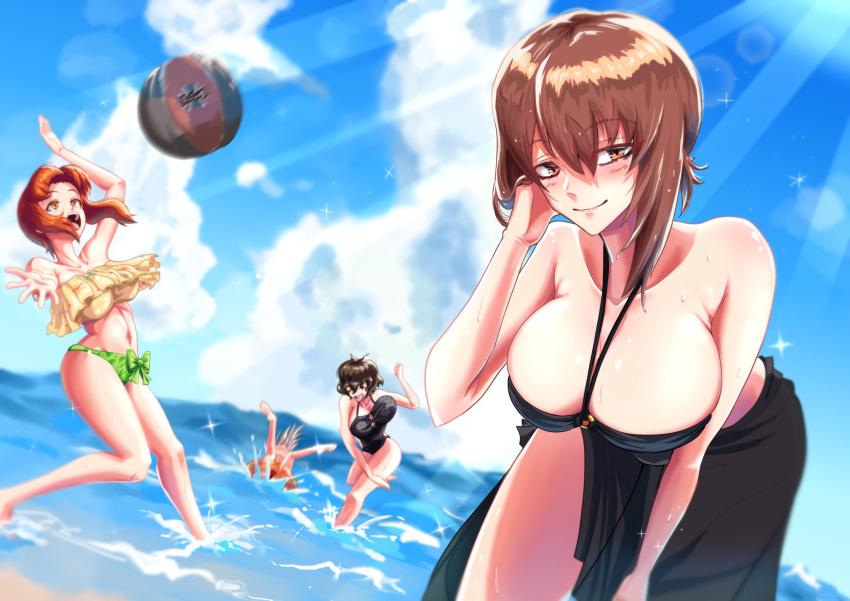 4girls akaboshi_koume arm_up ball bangs beachball bikini black_bikini black_sarong black_swimsuit blue_sky blurry blurry_background breasts brown_eyes brown_hair closed_eyes closed_mouth clouds cloudy_sky commentary day dutch_angle emblem eyebrows_visible_through_hair frilled_bikini frills girls_und_panzer green_bikini half-closed_eyes halterneck hand_in_hair highres innertube itsumi_erika kuromorimine_(emblem) large_breasts leaning_back leaning_forward leg_up looking_at_viewer mismatched_bikini multiple_girls nishizumi_maho nishizumi_miho ocean one-piece_swimsuit open_mouth outdoors playing sarong short_hair siblings sisters sky smile sparkle standing standing_on_one_leg strapless strapless_bikini swimsuit tatami_san_tatami water waves wet yellow_bikini