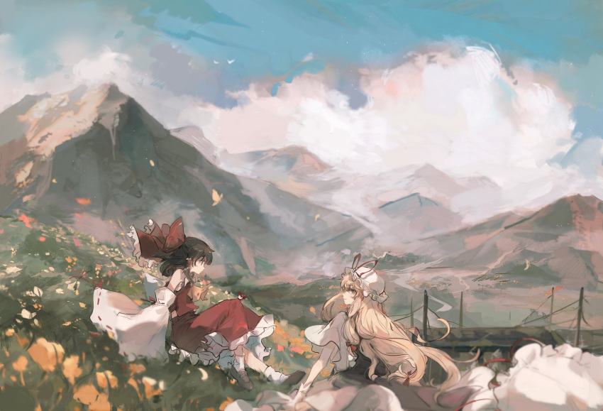 2girls apple_da-ze ascot bare_shoulders blonde_hair bow brown_hair bug butterfly clouds day detached_sleeves frilled_bow frilled_hair_tubes frills from_side hair_bow hair_ribbon hair_tubes hakurei_reimu hat highres insect knees_up long_hair long_sleeves looking_at_another looking_at_viewer midriff mob_cap mountain mountainous_horizon multiple_girls outdoors profile red_bow red_skirt red_vest ribbon sarashi scenery sitting skirt touhou tress_ribbon very_long_hair vest white_headwear wide_sleeves yakumo_yukari yellow_neckwear