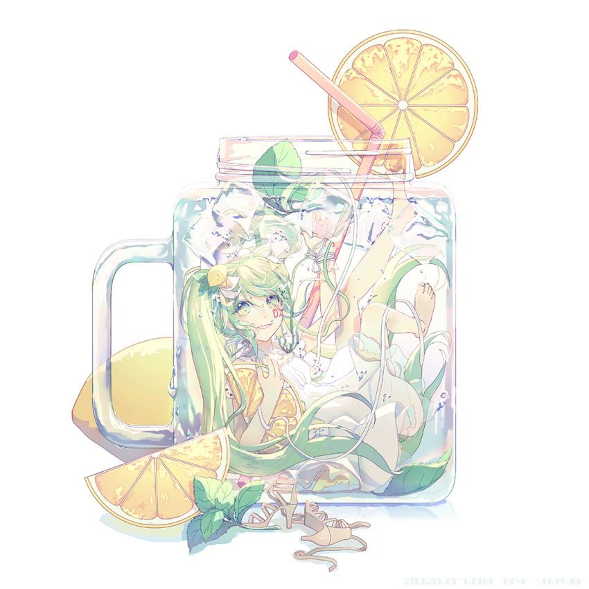 1girl artist_name chinese_commentary commentary_request cup dated drinking_straw facial_tattoo food food-themed_hair_ornament fruit glass green_eyes green_hair hair_ornament hatsune_miku high_heels ice ice_cube in_container in_cup leaf legs_up lemon lemon_hair_ornament lemon_slice long_hair looking_at_viewer mint parted_lips shoes_removed smile solo submerged tattoo twintails very_long_hair vocaloid w.r.b white_background