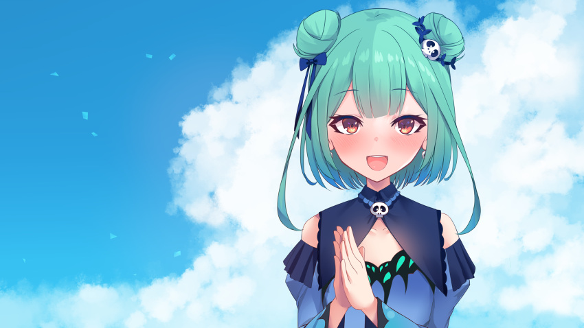 :d bangs blue_bow blue_dress blue_sky blue_sleeves blush bow clapping clouds cloudy_sky detached_sleeves double_bun dress eyebrows_visible_through_hair green_hair hair_bow hair_ornament hands_together hands_up highres hololive juliet_sleeves long_sleeves looking_at_viewer neon_genesis_evangelion open_mouth own_hands_together parody puffy_sleeves red_eyes skull_hair_ornament sky sleeveless sleeveless_dress smile upper_body upper_teeth uruha_rushia virtual_youtuber yoshiheihe
