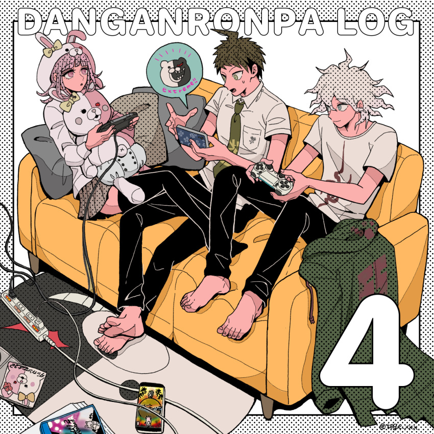 :o ahoge album_cover alternate_costume animal_ears bangs barefoot black_pants bow breast_pocket brown_eyes brown_hair brown_skirt buttons cable collared_shirt commentary_request controller copyright_name cosplay couch cover dangan_ronpa_(series) dangan_ronpa_2:_goodbye_despair diaper double-breasted ear_bow fake_animal_ears flipped_hair game_console game_controller game_cover green_jacket green_neckwear grey_hair halftone halftone_background handheld_game_console hands_up highres hinata_hajime holding holding_controller holding_phone hood hood_up jacket jacket_removed komaeda_nagito long_sleeves lying miniskirt monokuma monomi_(dangan_ronpa) monomi_(dangan_ronpa)_(cosplay) multiple_boys nanami_chiaki necktie no_shoes number on_couch orange_bow pants phone pillow pink_hair playing_games playstation_controller playstation_portable pocket print_shirt rabbit_ears shirt short_sleeves skirt smile speech_bubble tege_(tege_xxx) thigh-highs white_shirt