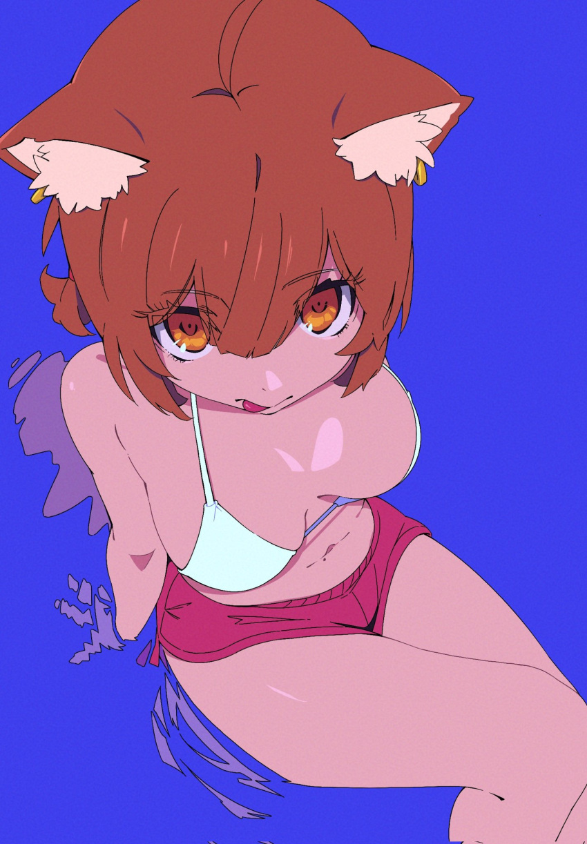 1girl animal_ear_fluff arm_support bangs bare_arms bare_shoulders bikini brown_eyes brown_hair closed_mouth commentary_request dolphin_shorts eyebrows_visible_through_hair feet_out_of_frame from_above hair_between_eyes highres looking_at_viewer looking_up nijisanji purple_background ratna_petit red_panda_ears red_shorts shallow_water short_shorts shorts sirataki_umauma sitting solo swimsuit tongue tongue_out virtual_youtuber water white_bikini