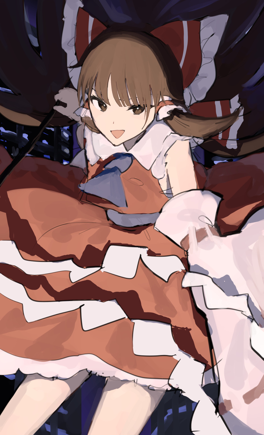 1girl :d absurdres ascot bangs blue_neckwear bow brown_eyes brown_hair commentary_request dark_background detached_sleeves feet_out_of_frame floating_hair frilled_bow frilled_hair_tubes frills gohei hair_bow hair_tubes hakurei_reimu highres holding holding_stick kozomezuki long_hair long_sleeves open_mouth petticoat red_bow red_skirt red_vest sidelocks skirt smile solo stick touhou triangle_mouth very_long_hair vest
