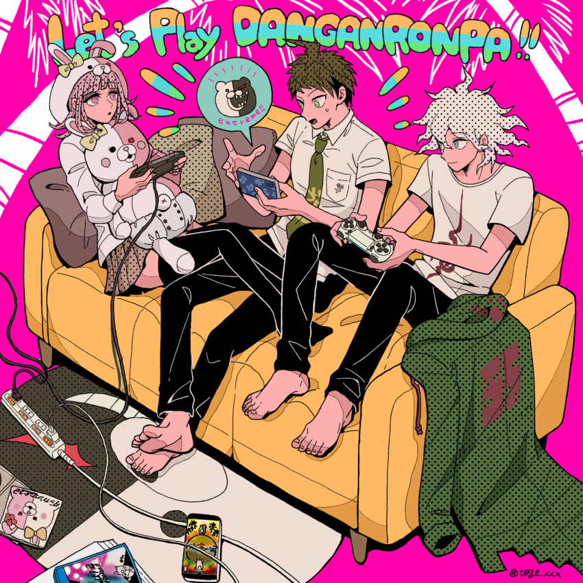 :o ahoge album_cover alternate_costume animal_ears bangs barefoot black_pants bow breast_pocket brown_eyes brown_hair brown_skirt buttons cable collared_shirt commentary_request controller copyright_name cosplay couch cover dangan_ronpa_(series) dangan_ronpa_2:_goodbye_despair diaper double-breasted ear_bow fake_animal_ears flipped_hair game_console game_controller game_cover green_jacket green_neckwear grey_hair halftone handheld_game_console hands_up highres hinata_hajime holding holding_controller holding_phone hood hood_up jacket jacket_removed komaeda_nagito long_sleeves lying miniskirt monokuma monomi_(dangan_ronpa) monomi_(dangan_ronpa)_(cosplay) multiple_boys nanami_chiaki necktie no_shoes on_couch orange_bow palm_tree_print pants phone pillow pink_background pink_hair playing_games playstation_controller playstation_portable pocket print_shirt rabbit_ears shirt short_sleeves skirt smile speech_bubble tege_(tege_xxx) thigh-highs white_shirt