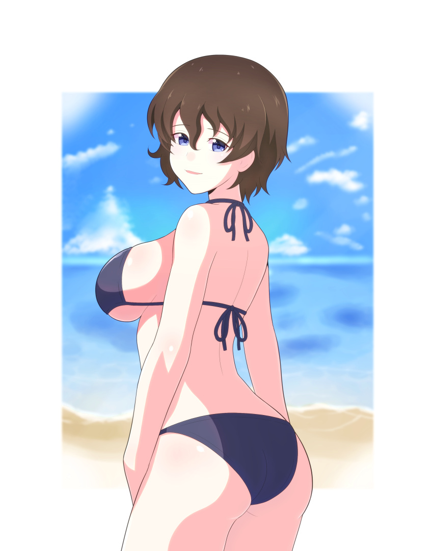 1girl absurdres akaboshi_koume ass back beach bikini black_bikini blue_eyes blue_sky blurry blurry_background breasts brown_hair clouds cloudy_sky commentary cowboy_shot day from_behind girls_und_panzer halterneck highres horizon iteza_(flapper_girl_25) looking_at_viewer looking_back medium_breasts ocean outdoors outside_border parted_lips short_hair sideboob sky smile solo standing swimsuit wavy_hair