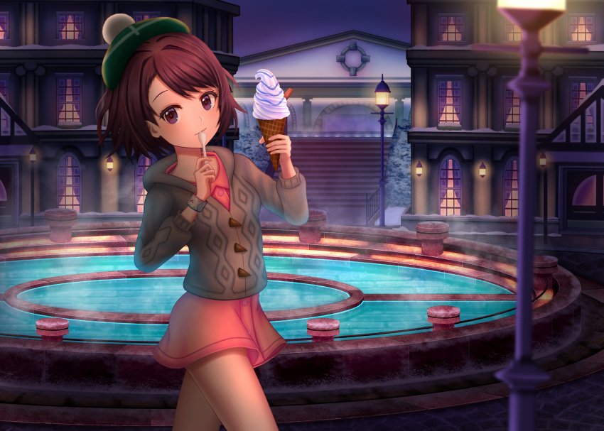 1girl absurdres bangs bob_cut brown_eyes brown_hair building buttons cable_knit cardigan collared_dress commentary_request dress eating food gloria_(pokemon) green_headwear grey_cardigan hat highres holding holding_spoon hooded_cardigan ice_cream ice_cream_cone looking_at_viewer night outdoors pink_dress pokemon pokemon_(game) pokemon_swsh short_hair solo spoon steam tam_o'_shanter water zero_artbox