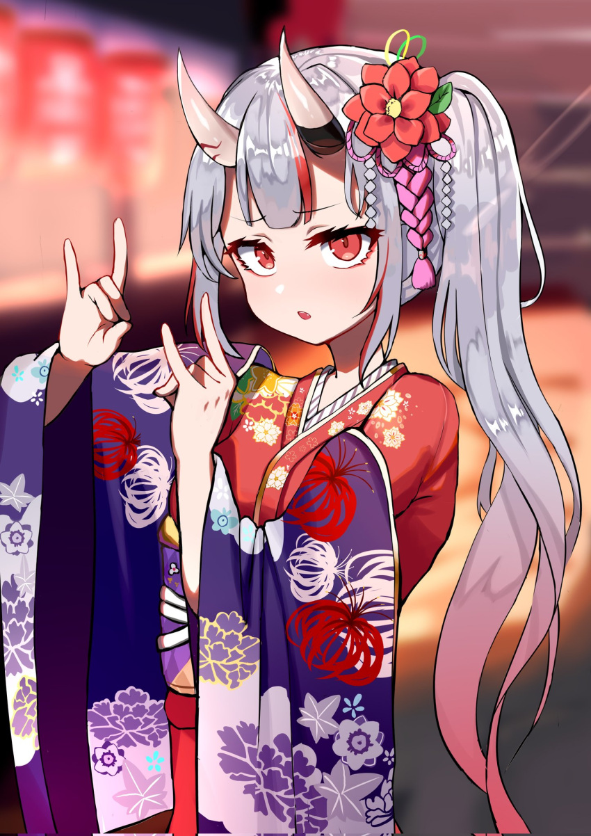 1girl :o blurry blurry_background colored_tips floral_print flower fox_shadow_puppet grey_hair hair_flower hair_ornament highres hololive horns japanese_clothes kanzashi kimono long_hair looking_at_viewer multicolored_hair nakiri_ayame red_eyes redhead side_ponytail solo streaked_hair trap_(drthumt) upper_body virtual_youtuber wide_sleeves