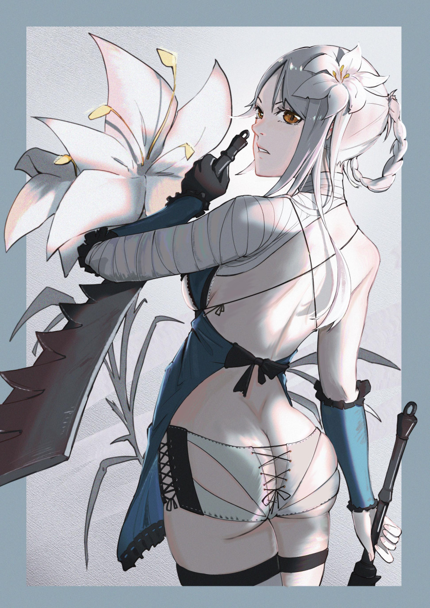 1girl absurdres ass back bandaged_arm bandaged_neck bandages bare_shoulders black_bow border bow brown_eyes detached_sleeves dual_wielding fingernails flower frills hair_flower hair_ornament highres holding holding_weapon kaine_(nier) long_hair looking_back mo_geng nier nier_(series) parted_lips pink_nails single_bare_shoulder skindentation solo thigh-highs weapon white_flower white_legwear