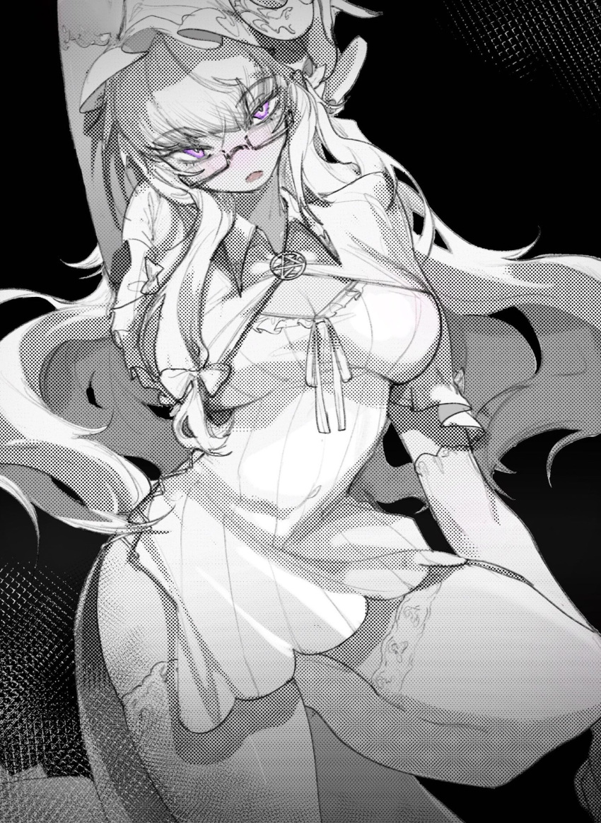 1girl adapted_costume bangs blunt_bangs bow breasts capelet crescent crescent_hat_ornament double_bun dress elbow_gloves frills glasses gloves greyscale hair_bow hat hat_ornament hat_ribbon highres hood large_breasts long_hair monochrome multi-tied_hair patchouli_knowledge ribbon short_dress striped striped_dress thick_thighs thigh-highs thighs touhou vertical-striped_dress vertical_stripes very_long_hair violet_eyes wide_hips zhixia7356