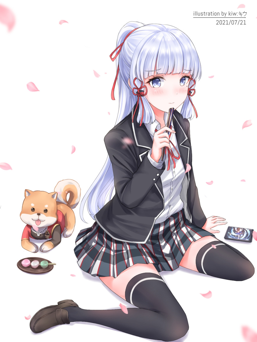 1girl artist_name bangs black_jacket black_legwear blue_eyes blunt_bangs blush cellphone closed_mouth cosplay dango dated dog eyebrows_visible_through_hair falling_petals folding_fan food genshin_impact hair_ribbon hand_fan highres holding holding_fan jacket kamisato_ayaka kiw_kiu loafers long_hair looking_at_viewer mole mole_under_eye neck_ribbon petals phone plaid plaid_skirt pleated_skirt ponytail red_ribbon ribbon school_uniform shiba_inu shirt shoes shy silver_hair sitting skirt smartphone sobu_high_school_uniform solo thigh-highs wagashi wariza white_shirt yahari_ore_no_seishun_lovecome_wa_machigatteiru. yukinoshita_yukino yukinoshita_yukino_(cosplay) zettai_ryouiki