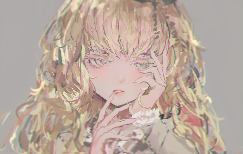1girl blonde_hair blurry blurry_background close-up curly_hair depth_of_field finger_to_mouth grey_background grey_eyes hand_on_own_cheek hand_on_own_face highres juliet_persia kishuku_gakkou_no_juliet long_hair long_sleeves looking_at_viewer parted_lips portrait rsef simple_background solo