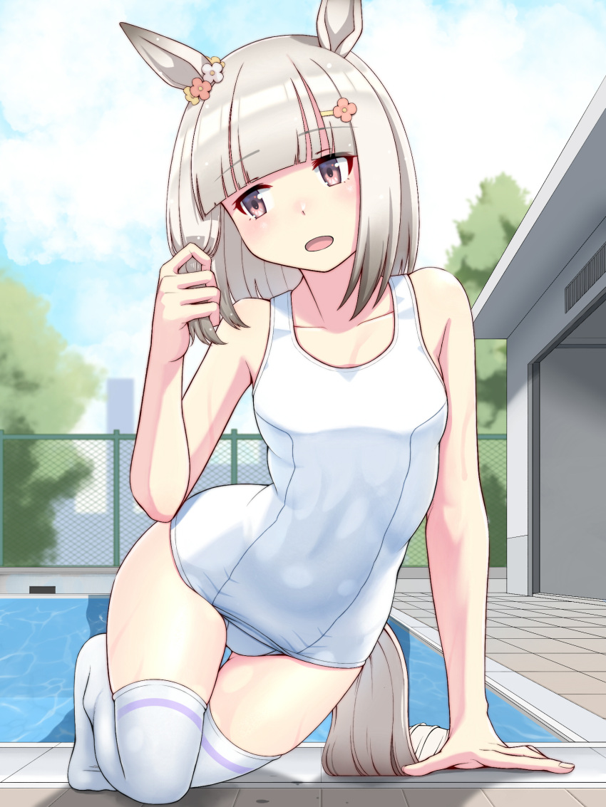 1girl absurdres animal_ears bangs blue_sky blunt_bangs breasts clouds collarbone commentary_request day facing_viewer flower hair_flower hair_ornament hairclip happy_meek_(umamusume) highres horse_ears horse_girl horse_tail outdoors pink_eyes poolside school_swimsuit short_hair sideways_glance silver_hair sky small_breasts solo swimsuit tail thigh-highs tsusshi umamusume white_legwear white_swimsuit