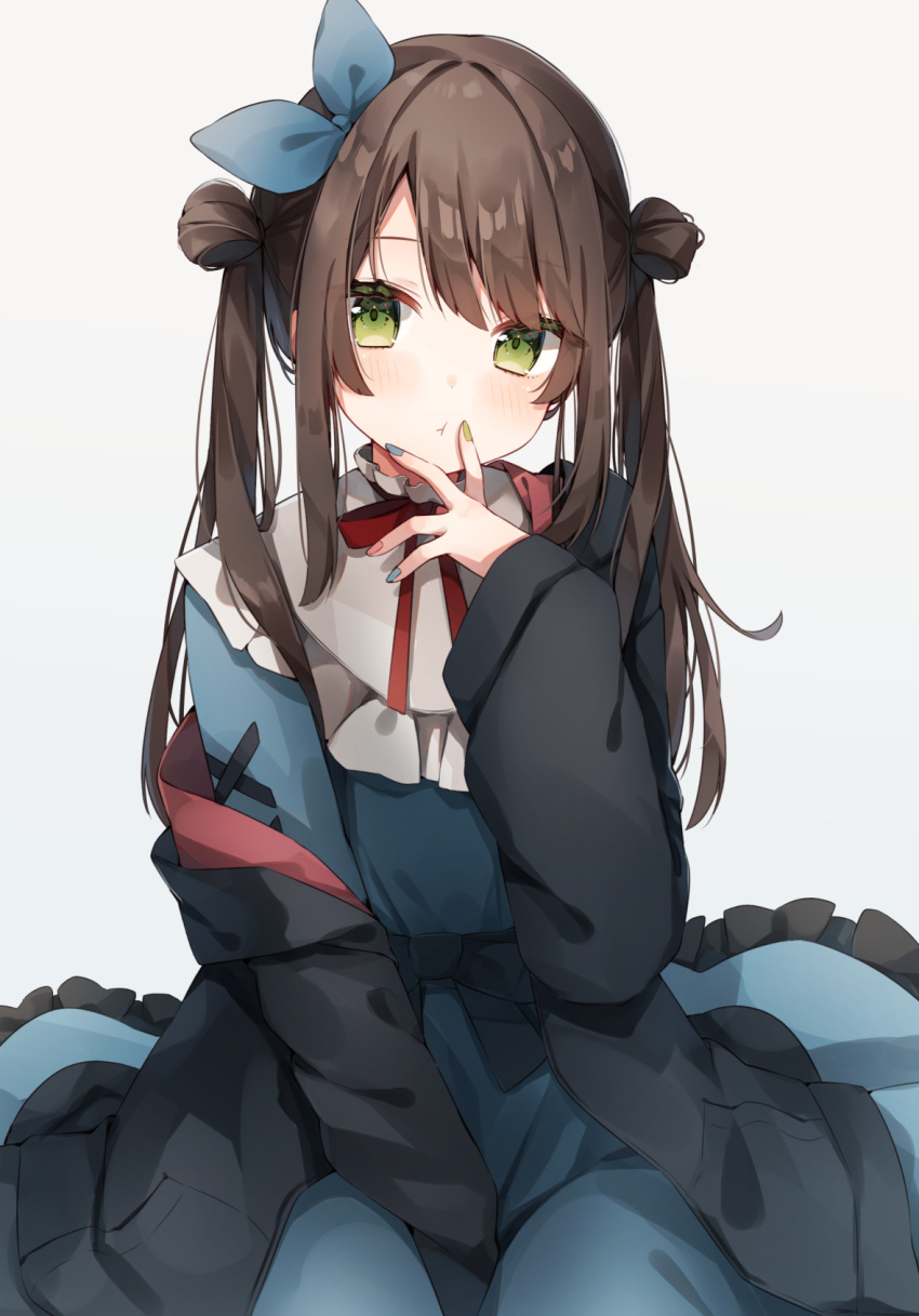 1girl :t bangs between_legs black_jacket blue_bow blue_dress blue_nails bow brown_hair commentary double_bun dress eyebrows_visible_through_hair frilled_dress frilled_shirt_collar frills green_eyes green_nails hair_bow hand_between_legs hand_up heripiro highres jacket long_hair long_sleeves looking_away multicolored multicolored_nails nail_polish original pink_nails puffy_long_sleeves puffy_sleeves sidelocks simple_background solo twintails white_background