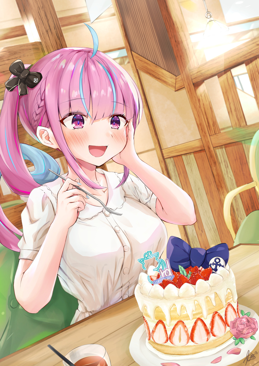 1girl absurdres ahoge bangs black_ribbon blue_bow blue_hair blunt_bangs blush bow braid breasts cake chair colored_inner_hair cup drinking_straw eyebrows_visible_through_hair food fork french_braid fruit hair_ribbon hand_on_own_cheek hand_on_own_face highres holding holding_fork hololive indoors kairono3jou long_hair looking_at_viewer minato_aqua multicolored_hair nail_polish one_side_up open_mouth purple_hair ribbon shirt short_sleeves sitting smile solo strawberry streaked_hair table two-tone_hair violet_eyes virtual_youtuber white_shirt wooden_table