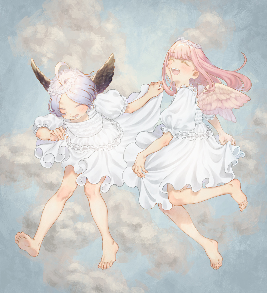 2girls absurdres ahoge angel angel_wings bangs barefoot black_wings blue_hair blunt_bangs blush bomhat closed_eyes clouds dress flying frilled_dress frills full_body highres huge_filesize long_hair multiple_girls open_mouth original parted_bangs pink_hair puffy_short_sleeves puffy_sleeves short_hair short_sleeves skirt_hold sky smile white_dress wings wreath