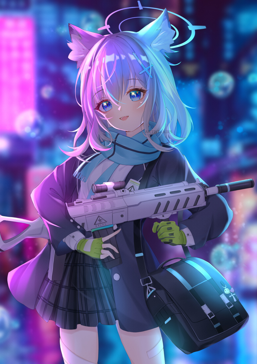 1girl :d absurdres airs_(user_fxnj3447) animal_ears assault_rifle bag bag_charm bangs black_jacket blue_archive blue_eyes blurry cat_ears charm_(object) commentary_request depth_of_field eyebrows_visible_through_hair eyes_visible_through_hair fingerless_gloves gloves gun hair_between_eyes hair_ornament hairclip halo head_tilt highres jacket long_sleeves looking_at_viewer open_mouth plaid plaid_skirt pleated_skirt rifle scarf school_bag school_uniform shiroko_(blue_archive) short_hair sidelocks sig_sauer_556 silver_hair skirt smile solo thigh-highs trigger_discipline weapon white_legwear zettai_ryouiki