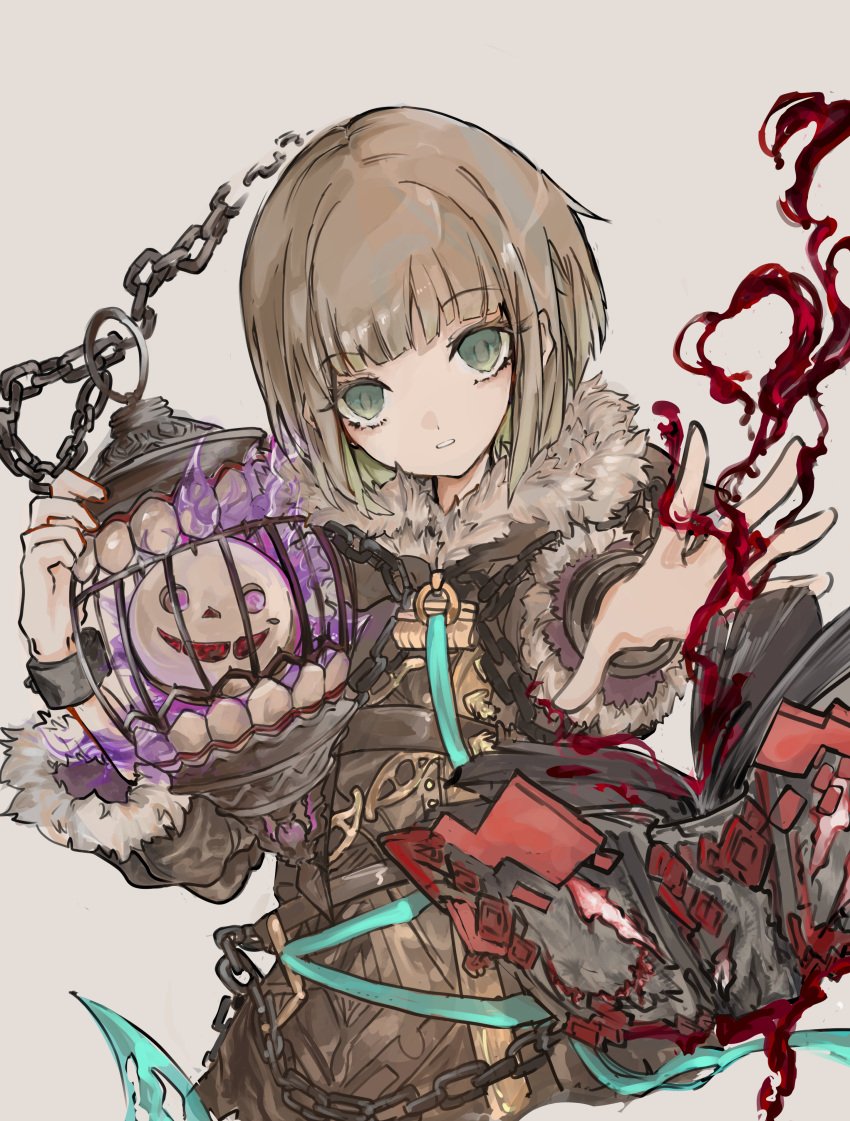 1boy absurdres bangs beige_background brown_hair brown_jacket cage chain fur-trimmed_jacket fur_trim green_eyes gretel_(sinoalice) hair_between_eyes hansel_(sinoalice) highres holding jacket long_hair long_sleeves looking_at_viewer open_mouth outstretched_arm saku_(user_xjty3425) short_hair simple_background sinoalice teeth