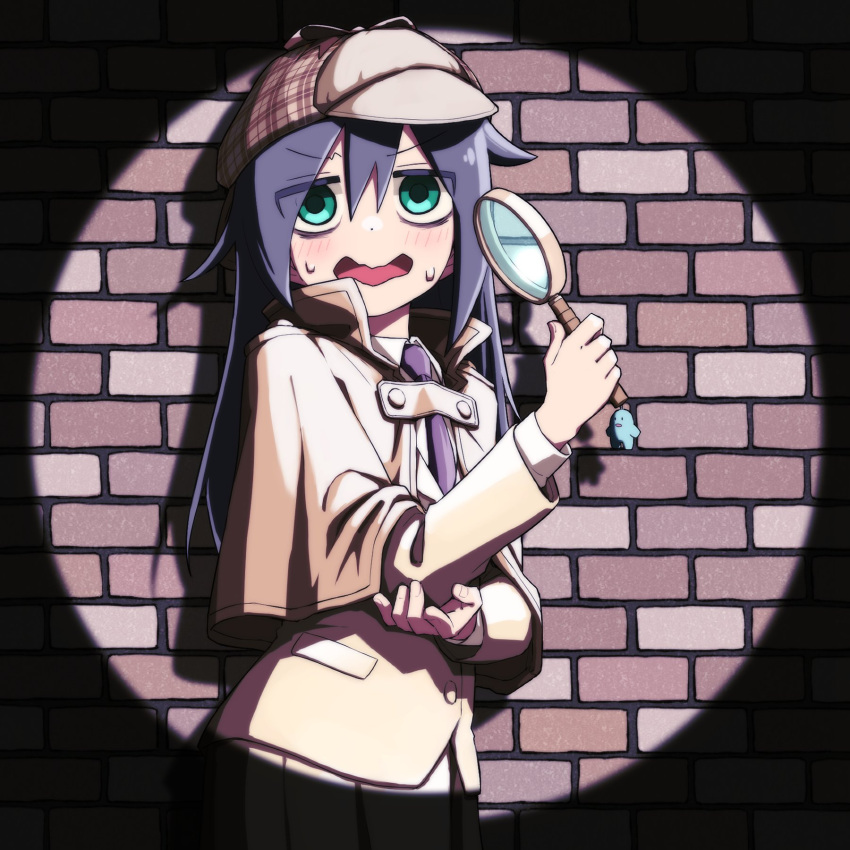 1girl against_wall bags_under_eyes bangs blazer blush bow brick_wall brown_bow brown_capelet brown_headwear capelet charm_(object) collared_shirt commentary_request deerstalker detective eyebrows_visible_through_hair eyes_visible_through_hair green_eyes hair_between_eyes hand_up hat hat_bow highres holding holding_magnifying_glass jacket kuroki_tomoko long_sleeves looking_at_viewer magnifying_glass necktie nervous official_alternate_costume open_mouth outdoors pleated_skirt purple_neckwear school_uniform shadow shirt skirt solo spotlight standing sweat wall watashi_ga_motenai_no_wa_dou_kangaetemo_omaera_ga_warui! wavy_mouth white_shirt yachima_tana yellow_jacket yellow_skirt