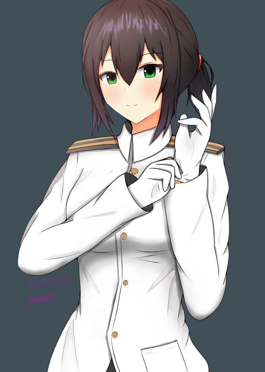 1girl abataa absurdres black_background black_hair commentary_request cosplay epaulettes female_admiral_(kancolle) female_admiral_(kancolle)_(cosplay) fubuki_(kancolle) gloves green_eyes highres kantai_collection long_hair low_ponytail military military_uniform naval_uniform ponytail short_ponytail sidelocks simple_background solo uniform upper_body white_gloves
