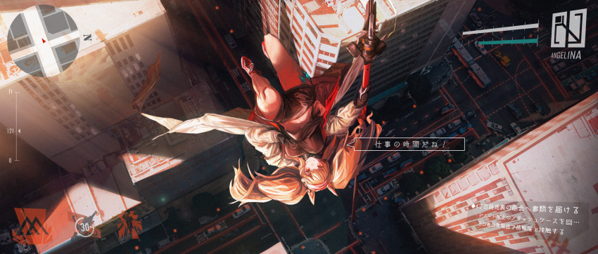 1girl absurdres angelina_(arknights) animal_ear_fluff animal_ears arknights background_text bangs black_shorts brown_hair building car character_name city cityscape coat commentary_request fake_screenshot falling fox_ears gloves ground_vehicle gyoukan_(jfxc) highres holding holding_staff holding_weapon huge_filesize kitsune long_hair looking_at_viewer motor_vehicle open_clothes open_coat red_eyes road shorts skyscraper smile solo staff tagme translation_request twintails weapon window