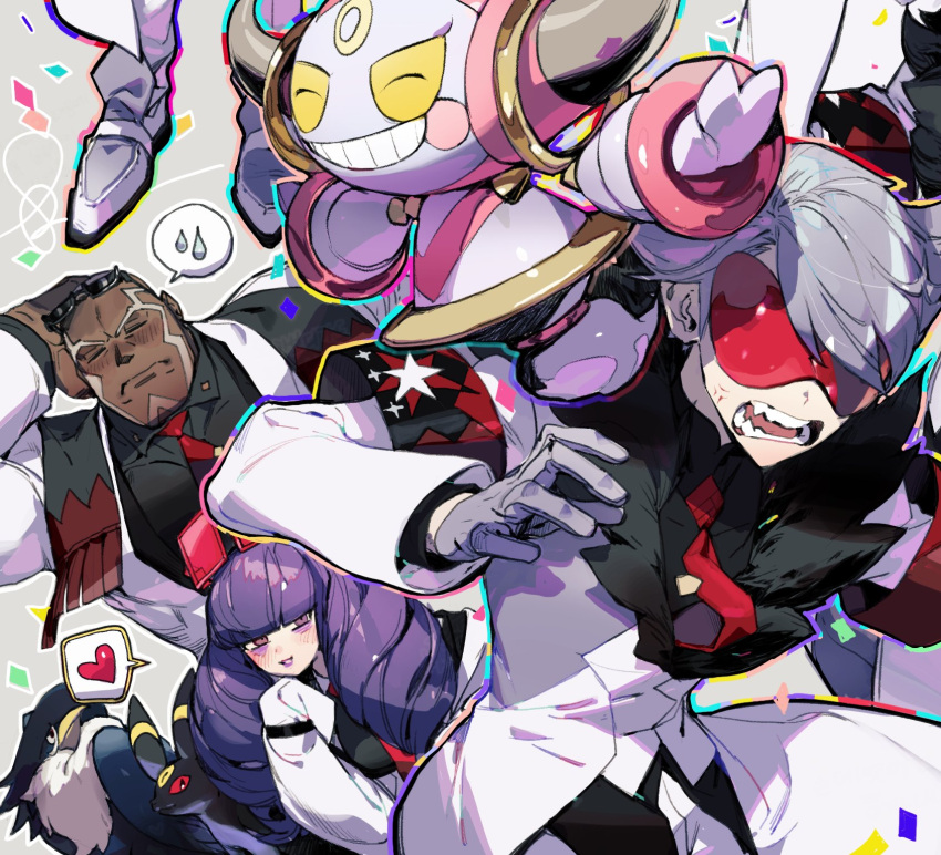 1girl 2boys arm_behind_head armband bangs black_shirt blunt_bangs blush buttons closed_eyes closed_mouth coat collared_shirt commentary_request dark-skinned_male dark_skin drill_hair eyeshadow eyewear_on_head fur-trimmed_coat fur_trim gen_2_pokemon gen_4_pokemon gen_6_pokemon grey_hair hand_up heart highres honchkrow hoopa hoopa_(confined) jacket korean_commentary lear_(pokemon) lipstick long_hair long_sleeves makeup multiple_boys muscular muscular_male mythical_pokemon necktie open_mouth parted_lips pigeon666 pokemon pokemon_(creature) pokemon_(game) pokemon_masters_ex purple_eyeshadow purple_hair purple_lips rachel_(pokemon) red-tinted_eyewear red_neckwear sawyer_(pokemon_masters_ex) shirt short_hair smile spoken_heart sunglasses teeth tinted_eyewear tongue twin_drills umbreon very_short_hair violet_eyes white_coat white_jacket