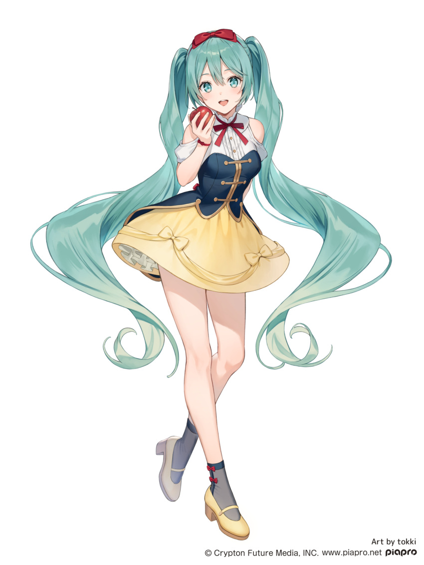 1girl apple aqua_eyes aqua_hair arm_behind_back artist_name bare_shoulders blue_corset clothing_cutout commentary cosplay crypton_future_media female food fruit full_body gold_trim hair_ribbon hatsune_miku high_heels highres holding holding_apple holding_food holding_fruit long_hair looking_at_viewer official_art open_mouth red_ribbon ribbon shirt shoes shoulder_cutout simple_background skirt snow_white snow_white_(disney) snow_white_(disney)_(cosplay) solo standing tokki twintails very_long_hair vocaloid white_background white_shirt yellow_footwear yellow_skirt