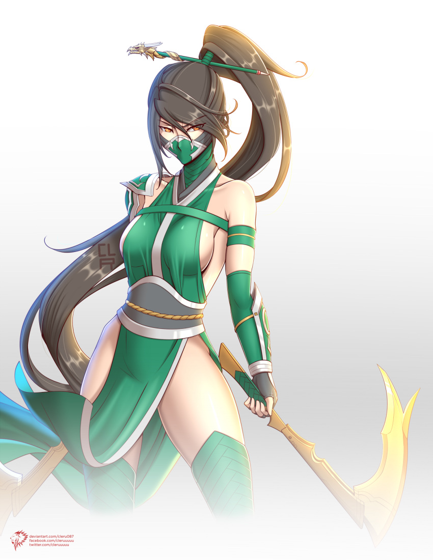 1girl akali akali_(legacy) armor artist_name bangs black_hair boots bracer breasts brown_eyes cleru_(cleruuuuu) eyebrows_visible_through_hair fingerless_gloves gloves hair_between_eyes hair_ornament hair_stick high_ponytail highres holding holding_scythe holding_weapon kama_(weapon) league_of_legends long_hair mask medium_breasts ninja ninja_mask pelvic_curtain rope_belt scythe shoulder_armor sickle sideboob single_bare_shoulder solo thigh-highs thigh_boots v-shaped_eyebrows vambraces very_long_hair weapon