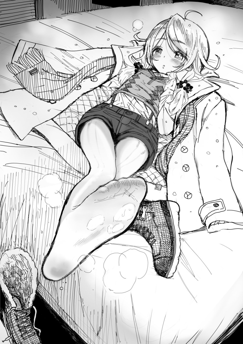 1girl ahoge boots_removed coat commentary_request greyscale highres idolmaster idolmaster_cinderella_girls long_hair long_sleeves lying monochrome on_back on_bed pantyhose perspective scarf shorts solo steam twintails xyh yusa_kozue