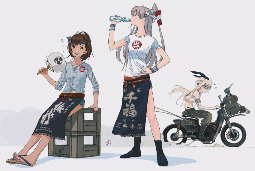 3girls alternate_costume amatsukaze_(kancolle) artist_logo bangs barefoot beamed_eighth_notes black_footwear black_panties black_pants blonde_hair blue_sailor_collar boots bottle brown_eyes brown_hair buttons clenched_teeth closed_eyes closed_mouth clothes_writing crop_top dated drinking driving eighth_note elbow_gloves eyebrows_visible_through_hair full_body gloves goggles grey_background ground_vehicle hair_tubes hairband hand_fan hand_on_hip highleg highleg_panties highres holding holding_bottle holding_fan i-401_(kancolle) kantai_collection kokudou_juunigou long_hair looking_at_viewer motor_vehicle motorcycle multiple_girls musical_note panties pants paper_fan ponytail ramune rensouhou-chan sailor_collar shadow shimakaze_(kancolle) shirt short_hair short_sleeves silver_hair simple_background sitting smoke standing teeth two_side_up uchiwa underwear white_gloves white_shirt windsock