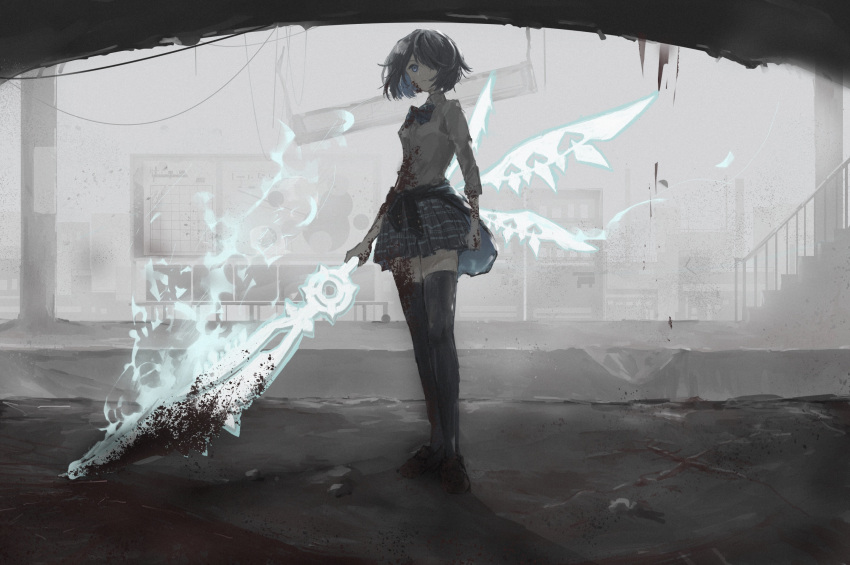 1girl alice_(sinoalice) bangs black_footwear black_legwear blood blood_on_weapon blue_eyes blue_fire blue_hair blue_skirt clothes_around_waist fire flaming_sword flaming_weapon full_body glowing glowing_weapon glowing_wings hair_over_one_eye highres holding holding_sword holding_weapon jacket jacket_around_waist k610twins looking_at_viewer polo_shirt reality_arc_(sinoalice) school_uniform shirt shoes short_hair sinoalice skirt sleeves_rolled_up standing sword thigh-highs weapon white_shirt wings